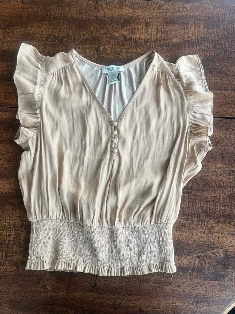 Rachel Zoe Blush Smocked Flutter Sleeve V Neck Romantic Boho Beige Top Small